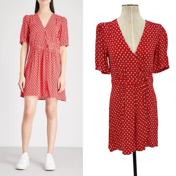 ba&sh Charlie Dress Wrap Crepe Short Sleeve Floral Print Red White Size 2 US 8 - Picture 1 of 14